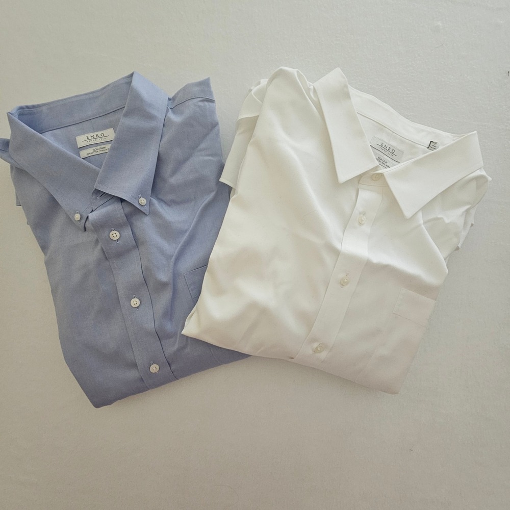 Lot of 2 Enro Non-Iron Dress Shirts Mens 20 34-35‎ Big White Blue Cotton Oxford